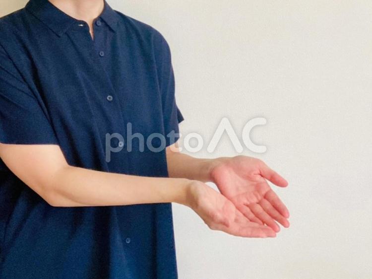 こちらになります、ポーズする半袖の女性 こちら,紹介,案内の写真素材