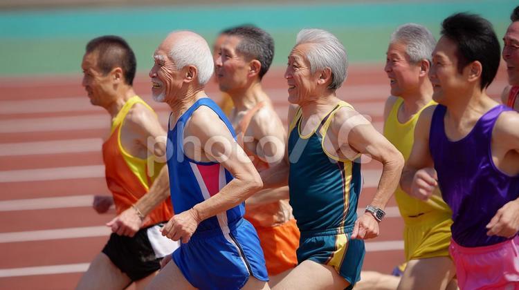 陸上競技を楽しむ中年・シニア男性19 陸上競技,短距離,長距離の写真素材