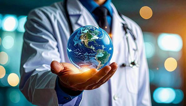世界を救う ガラスの地球を持つ医師の手 世界を救う ガラスの地球を持つ医師の手の写真
