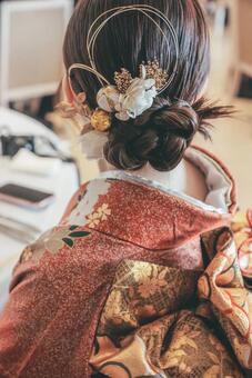振袖和装ヘアセット・髪飾り・女性の後ろ姿 成人式,振袖,和装の写真素材
