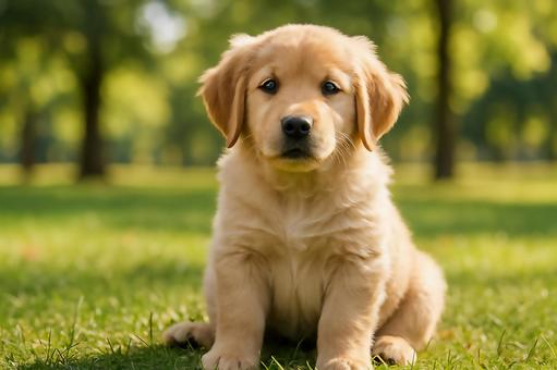 芝生に座る子犬 芝生に座る子犬の写真