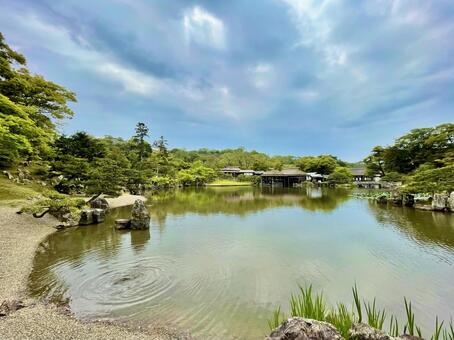 彦根城 玄宮園の池と趣ある建物 彦根城,玄宮園,庭園の写真素材