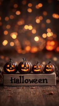 木製台座に並ぶハロウィンかぼちゃと光演出 木製台座に並ぶハロウィンかぼちゃと光演出の写真