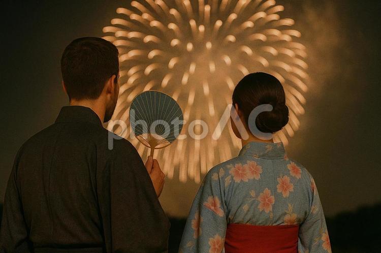 浴衣を着たカップル　夏の花火 浴衣,外国人,女性の写真素材