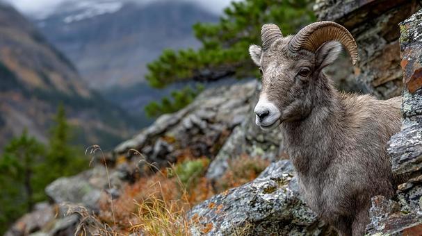 休息する立派な角のビッグホーンシープの写真