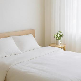 陽光差す白い寝具の写真