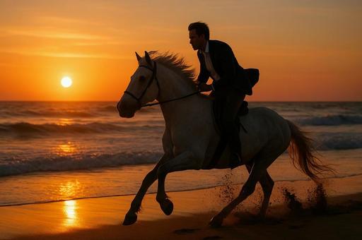 夕焼けの海辺と馬 夕焼けの海辺と馬の写真