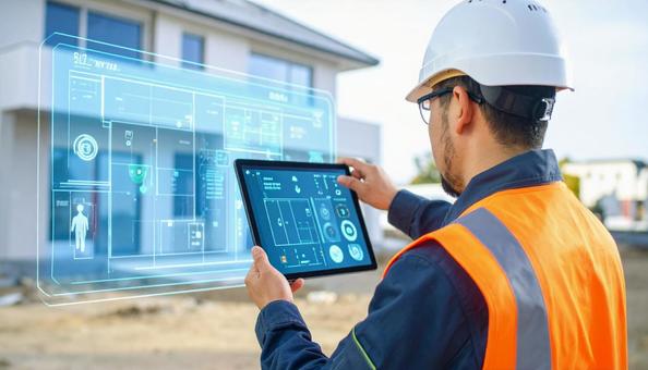 住宅建築現場でホログラム図面を見る作業員の写真