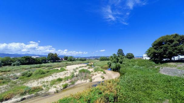 Photo, aosha river, imabari city, blue sky, 