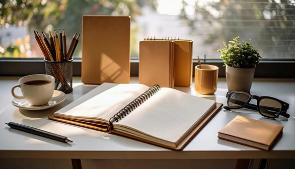テーブルに並んだノートや文房具の写真