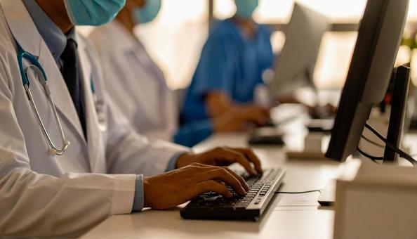 病院で電子カルテに入力する男性の手もとの写真