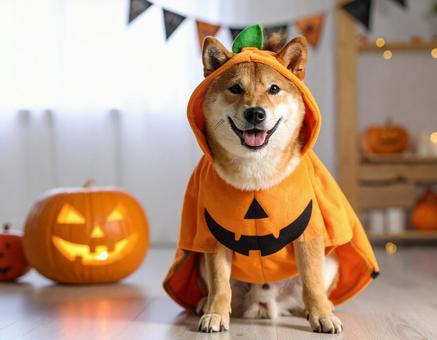 ハロウィンのコスチュームで仮装した犬 ハロウィンのコスチュームで仮装した犬の写真