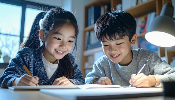 家で勉強している小学生2人 家で勉強している小学生2人の写真
