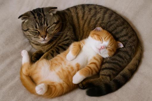 寝る猫の親子(スコティッシュフォールド) 寝る猫の親子(スコティッシュフォールド)の写真