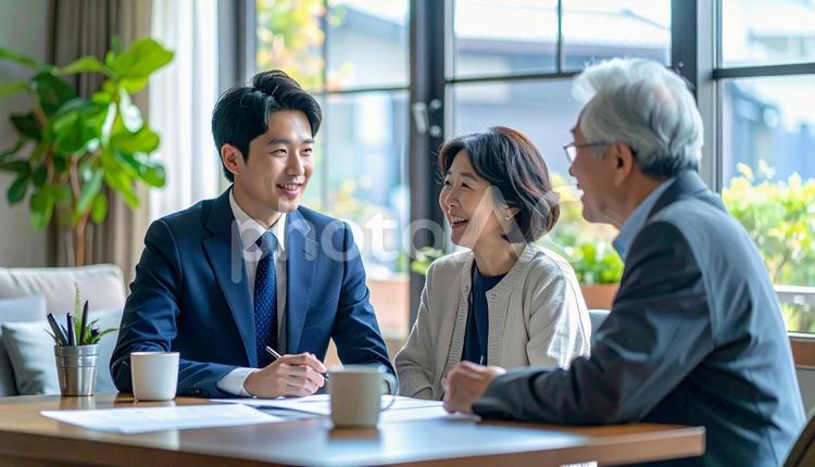 男性営業マンの説明を聞く夫婦 男性,営業マン,説明の写真素材