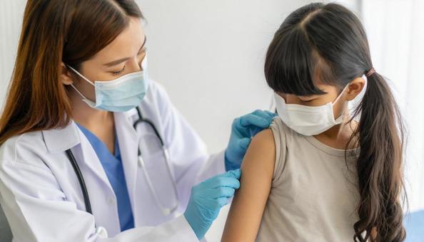 予防接種を医師から打たれる日本人少女 予防接種を医師から打たれる日本人少女の写真