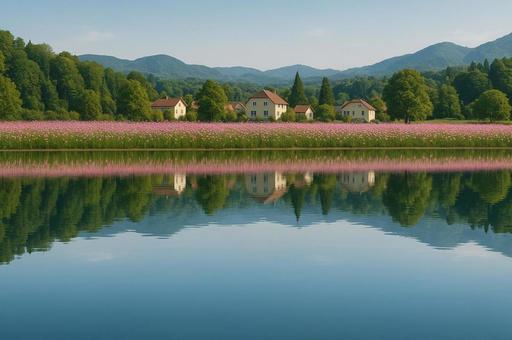 湖畔の村と花畑の風景の写真