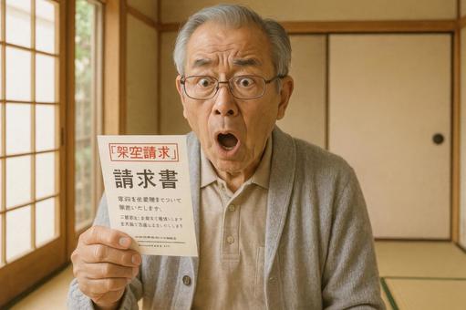 架空請求はがきに驚く高齢男性 架空請求はがきに驚く高齢男性の写真