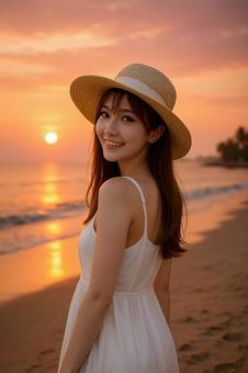 夕暮れの浜辺で振り向く美少女 夕暮れの浜辺で振り向く美少女の写真