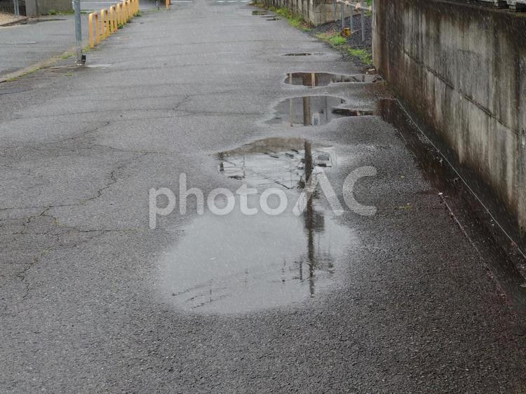 雨の日の道路と水たまり 雨,道路,水たまりの写真素材