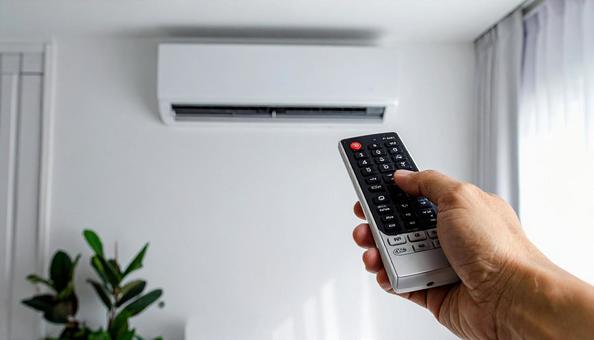 クーラーにリモコンで設定ボタンを押す手の写真