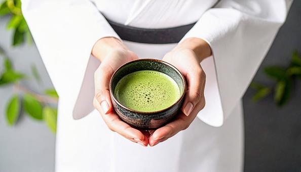 一期一会 抹茶の入った茶碗を持つ女性 一期一会 抹茶の入った茶碗を持つ女性の写真