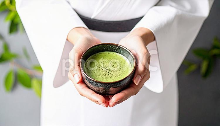 一期一会　抹茶の入った茶碗を持つ女性 着物,女性,伝統の写真素材