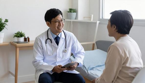診察をする日本人男性医師 診察をする日本人男性医師の写真