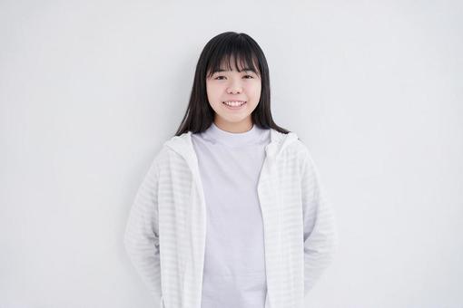 Japanese female junior high school student standing with a smile on a white background, học sinh trung học cơ sở, đàn bà, nhật bản, JPG