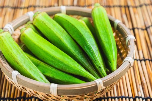竹ざるに盛られた新鮮なオクラ 竹ざるに盛られた新鮮なオクラ オクラ,野菜,緑色の写真素材