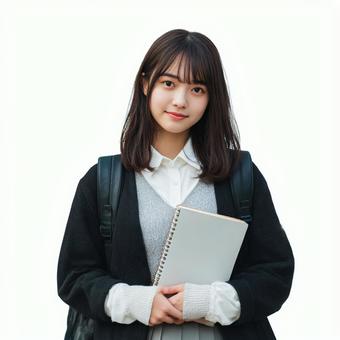 ノートを持って立つ女子生徒 ノートを持って立つ女子生徒の写真
