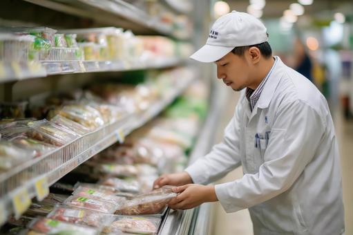 スーパーで品出しをする白衣の男性店員 スーパーで品出しをする白衣の男性店員の写真