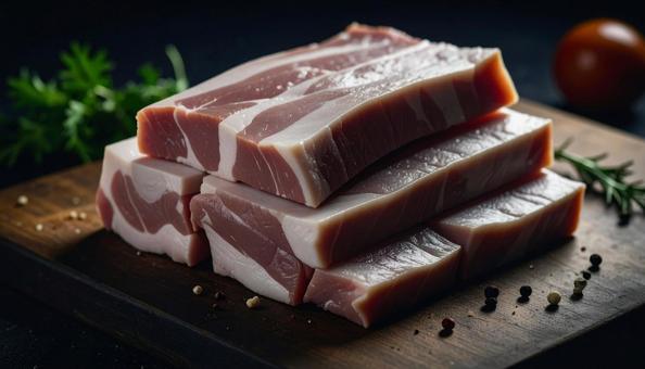 カッティングボードの上の豚バラ肉 カッティングボードの上の豚バラ肉の写真