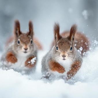 雪の中を走る二匹のリスの姿 雪の中を走る二匹のリスの姿の写真
