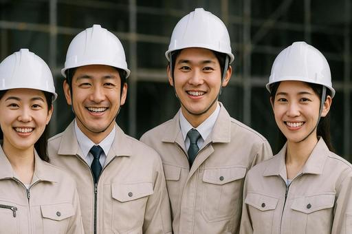 笑顔の建設作業員チームの集合写真・働く人 笑顔の建設作業員チームの集合写真・働く人の写真