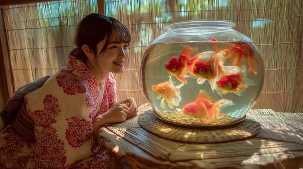 水槽を泳ぐ金魚と浴衣を着た女性 水槽を泳ぐ金魚と浴衣を着た女性の写真