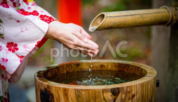 神社の手水舎で手を清める着物女性の手もと 手水舎,竹,手の写真素材