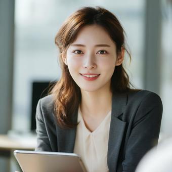 タブレットを手に微笑む会社員女性 タブレットを手に微笑む会社員女性の写真