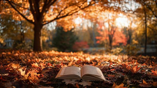 紅葉の中で開かれた本 紅葉の中で開かれた本の写真
