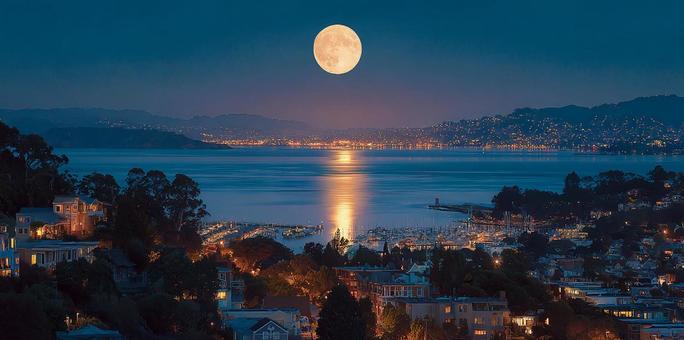 月明かりが照らす、神秘的な夜の湾岸風景の写真