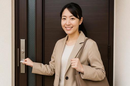 玄関でドアを開ける帰宅中の女性・出入り 玄関でドアを開ける帰宅中の女性・出入りの写真