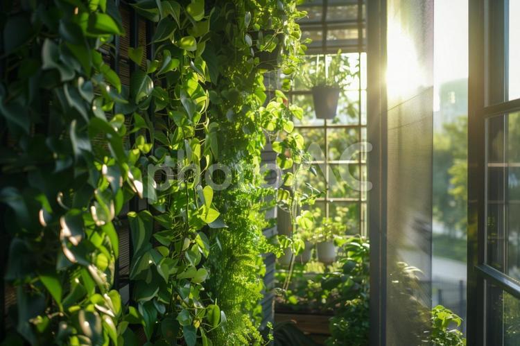 朝日の差し込むグリーンカーテン 植物,グリーン,光の写真素材
