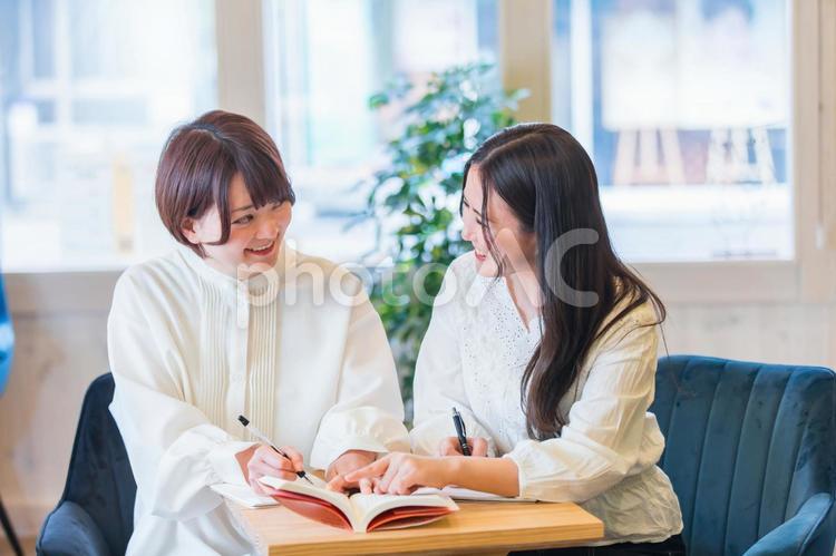 勉強を教える女性と勉強する女性 家庭教師,勉強,教えるの写真素材