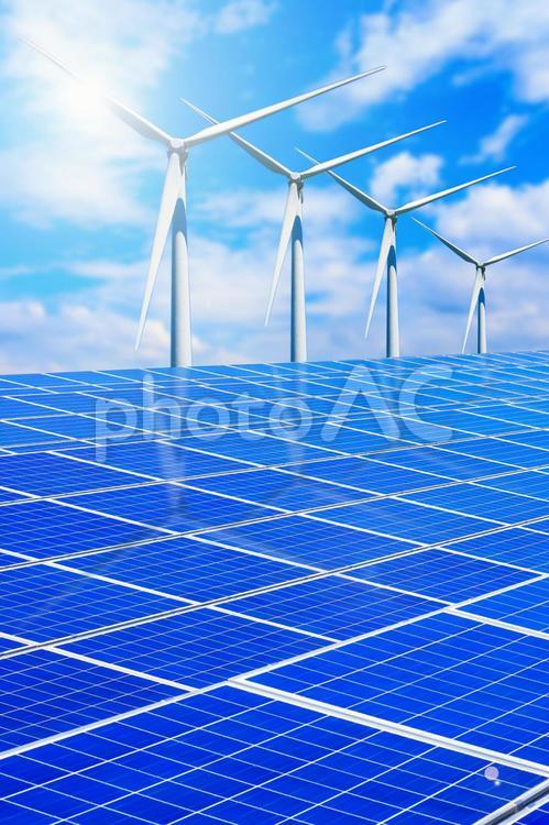 風力発電とソーラーパネル 再生可能エネルギーイメージ ソーラーパワー,空,パワーの写真素材