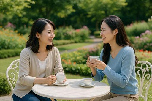 庭園のカフェテラスで話す友人の写真