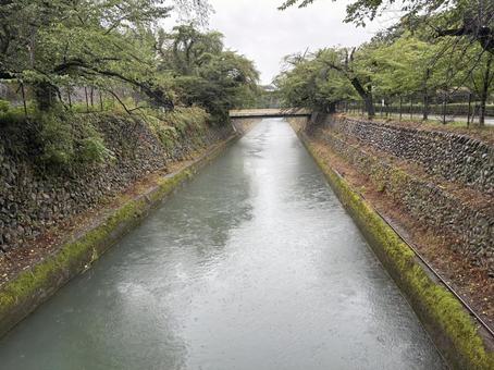 雨の日の川 川,雨の日,注意の写真素材