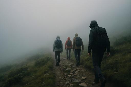霧の中を進む登山者 霧の中を進む登山者の写真