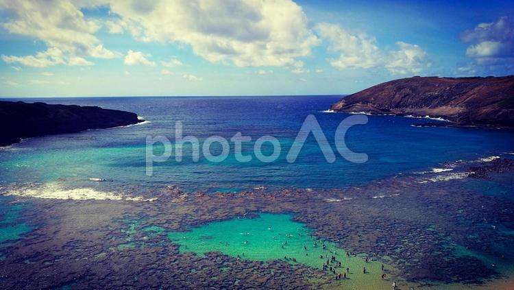ハナウマ湾のエメラルドグリーンの海 ハナウマ湾,サンゴ礁,ハワイの写真素材