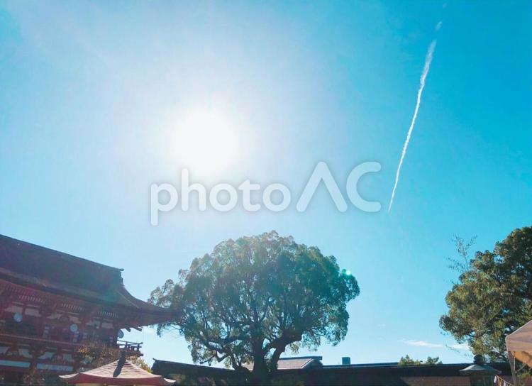 太陽と飛行機雲　　背景、待受に。 飛行機雲,太陽,光の写真素材