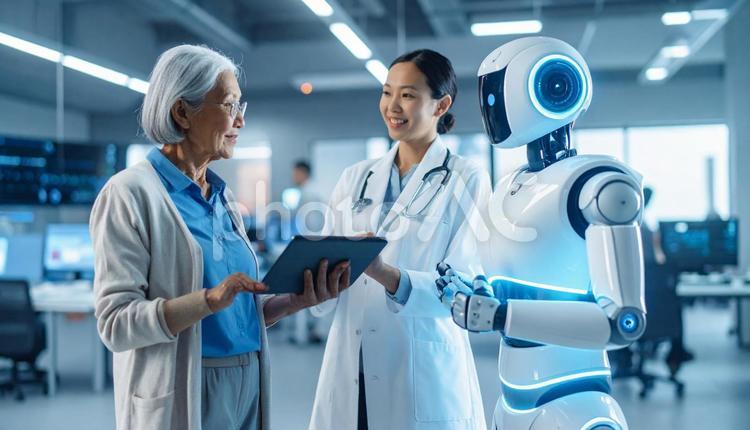 介護ロボと話す高齢者　おばあちゃん 高齢者,シニア,介護ロボットの写真素材